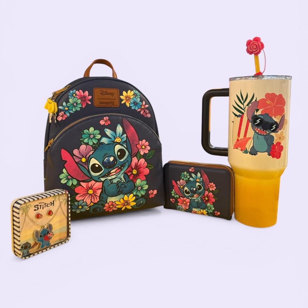 Loungefly Stitch Floral Backpack Wallet, Necklaces& Earing with a Tumbler Set